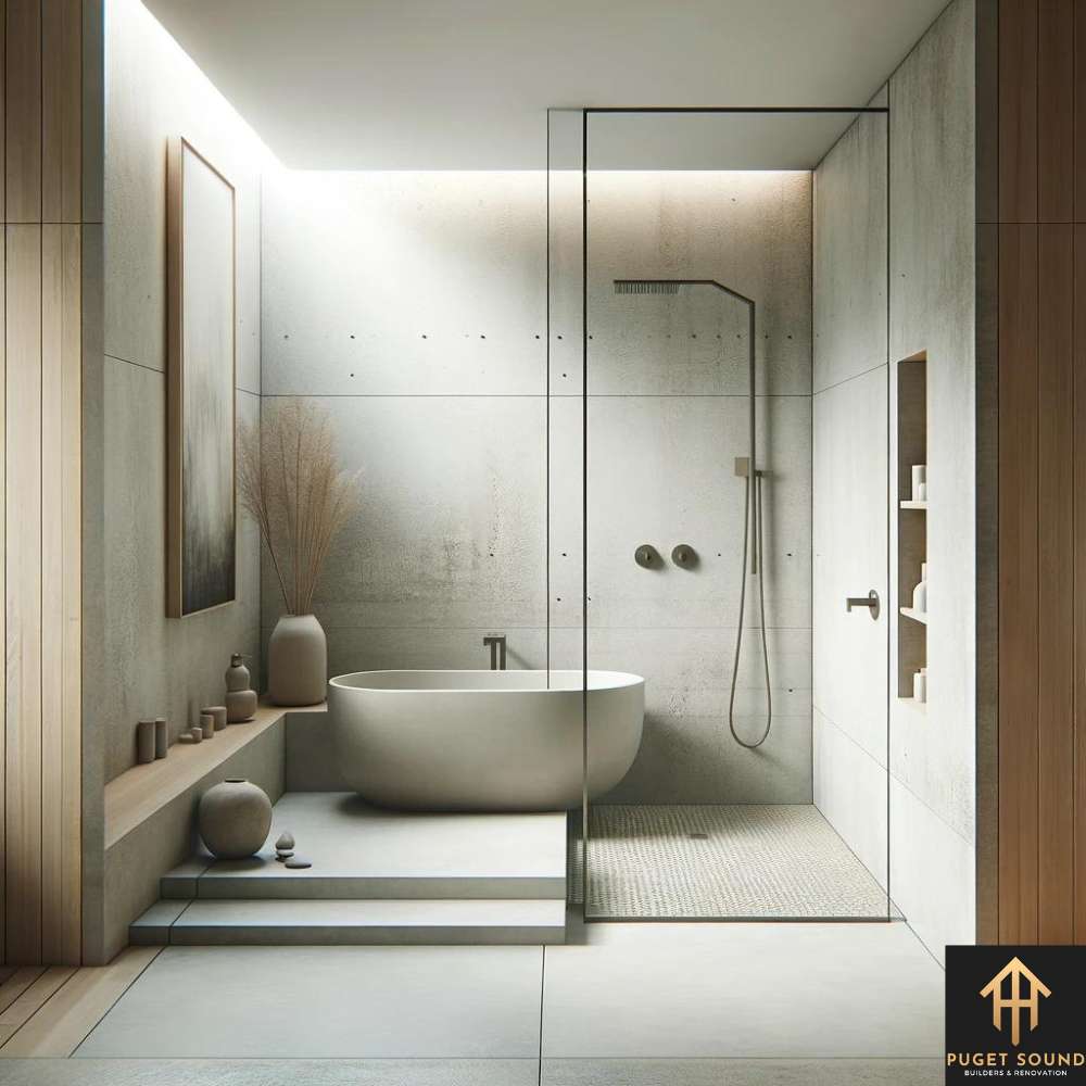 PugetSoundBNR An image of a minimalist Zen bathroom, showcasing a soaking tub with a shower that features frameless glass enclosures and understated hardware