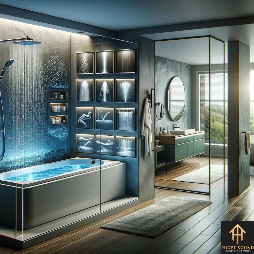 PugetSoundBNR An image of a modern bathroom featuring a walk-in bathtub with an integrated shower unit, highlighting the dual functionality