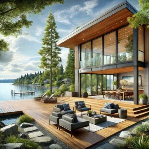 Lakeside retreat renovation in Madrona, Seattle, featuring expansive windows, eco-friendly decking, and natural finishes, designed by Puget Sound Builders & Renovation to enhance connection with the natural setting