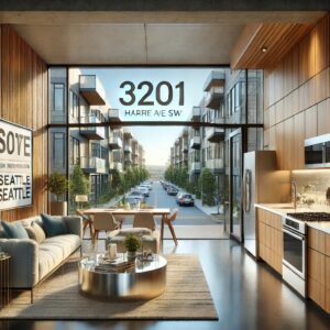 Contemporary condo in West Seattle, updated to feature an open-concept layout, high-gloss kitchen, and luxurious bathrooms, embodying modern efficiency and style at 3201 Harbor Ave SW.