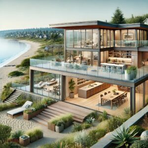 Beachfront property remodel in Alki Beach, Seattle, at 4825 Beach Drive SW, showcasing expansive glass walls, eco-friendly deck, and panoramic ocean views, embodying Puget Sound Builders & Renovation's commitment to luxury and sustainability.