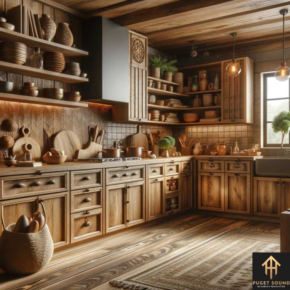 PugetSoundBNR Image of a kitchen that embraces natural materials such as wood, stone, and leather, with a focus on the kitchen cabinets