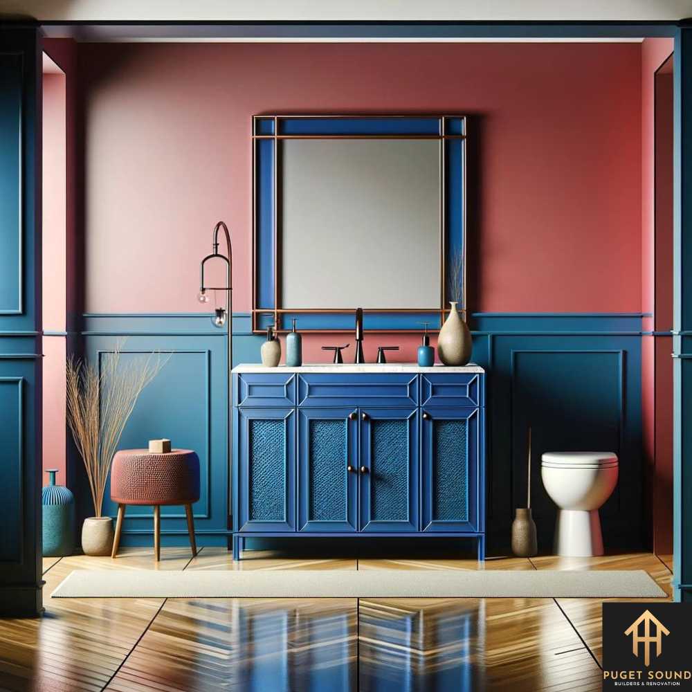 PugetSoundBNR image of a bathroom with a vanity cabinet in a bold color