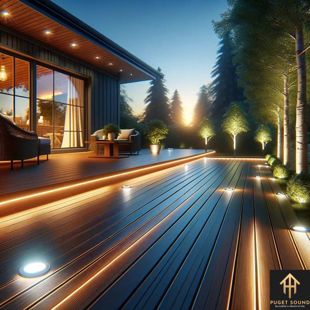 PugetSoundBNR image of a composite deck during the evening, illuminated by integrated LED lights built into the decking