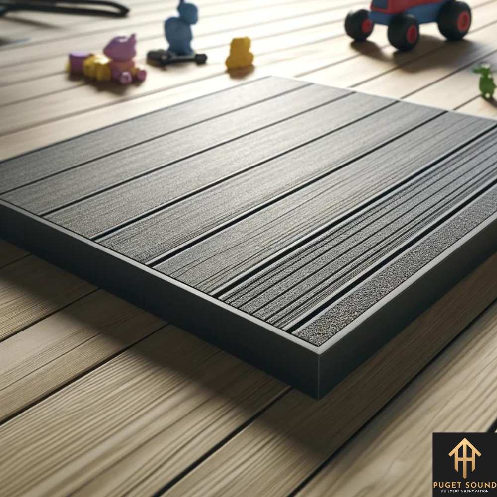 PugetSoundBNR image of composite decking with a pronounced textured finish, emphasizing its slip-resistant properties