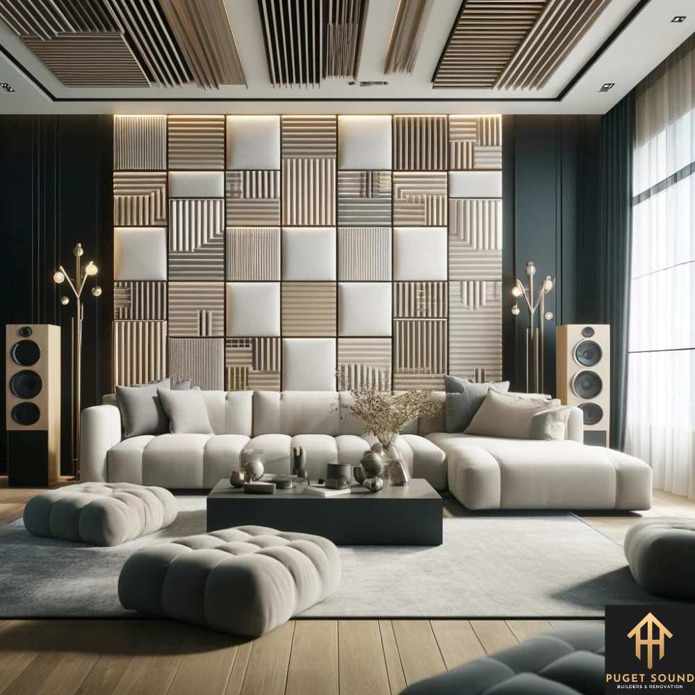 PugetSoundBNR image showcasing a stylish interior, such as a living room or home theater, adorned with decorative acoustic panels